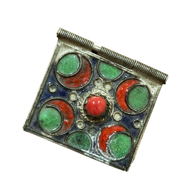 Vintage silver metal trinket box inlaid stone hinged lid blue green red enamel - Picture 1 of 8